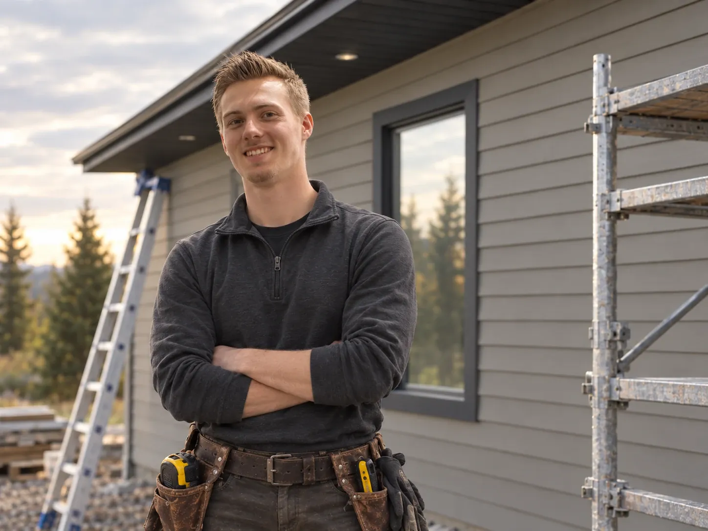 Anthony Quiring, owner of Tony's Contracting, in front of a house with new grey lap siding, a ladder and scaffolding