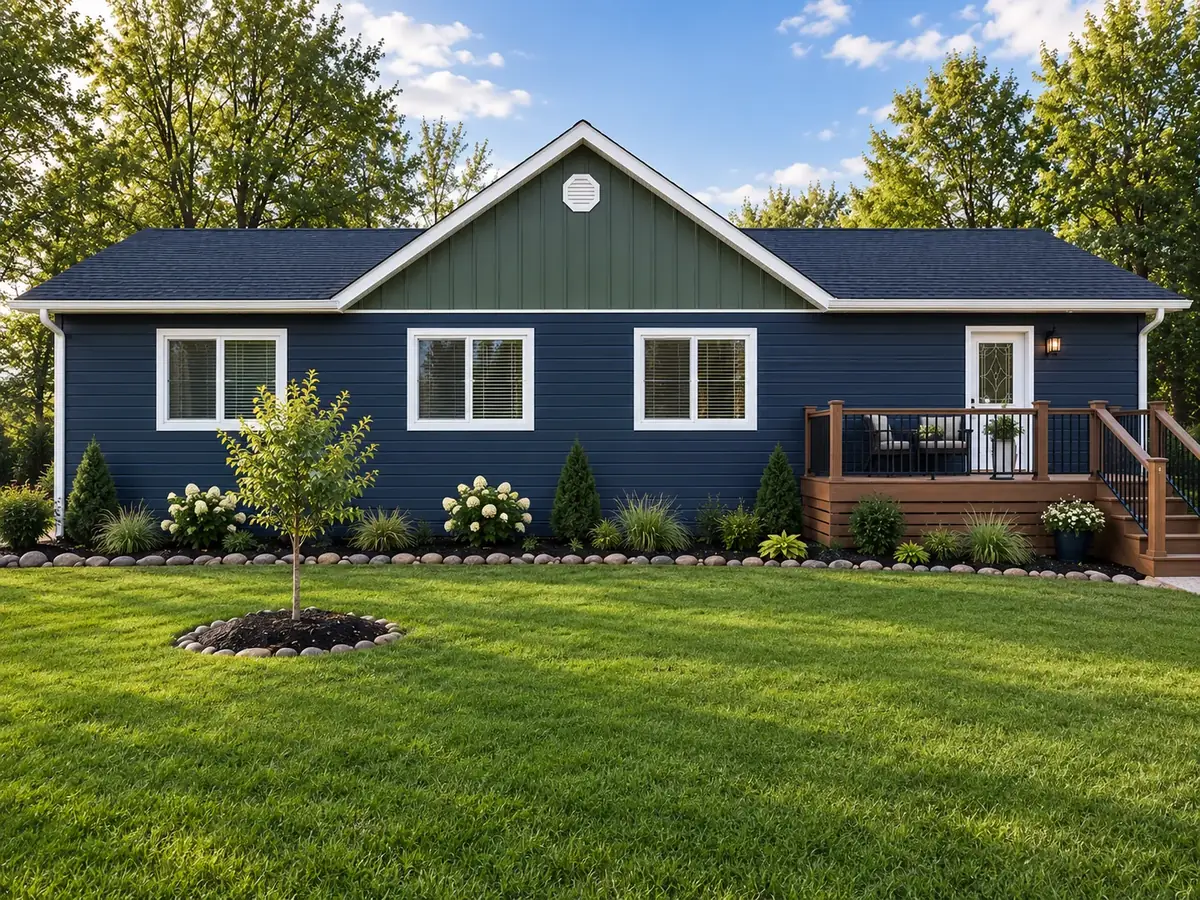 Navy vinyl siding with a green board and batten gable and white trim on a house in Buffalo Point